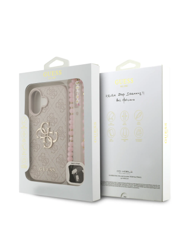 GUESS Case for iPhone 16 with Pearl Strap, PU Finish and 4G Logo (Pink)