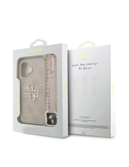 GUESS Case for iPhone 16 with Pearl Strap, PU Finish and 4G Logo (Pink)