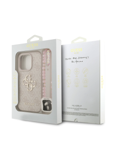 GUESS Case for iPhone 16 Pro Max with Pearl Strap, PU Finish and 4G Logo (Pink)