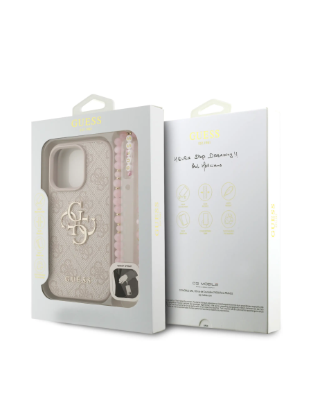Funda GUESS para iPhone 16 Pro Max con correa de perlas, efecto piel y logotipo 4G (Rosa)