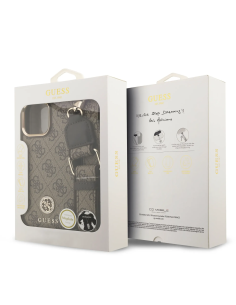 Funda GUESS iPhone 16 Pro Max con Magsafe Logo 4G de Strass y Correa Ancha Marrón