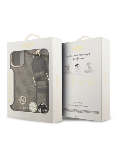 Funda GUESS iPhone 16 Pro Max con Magsafe Logo 4G de Strass y Correa Ancha Marrón