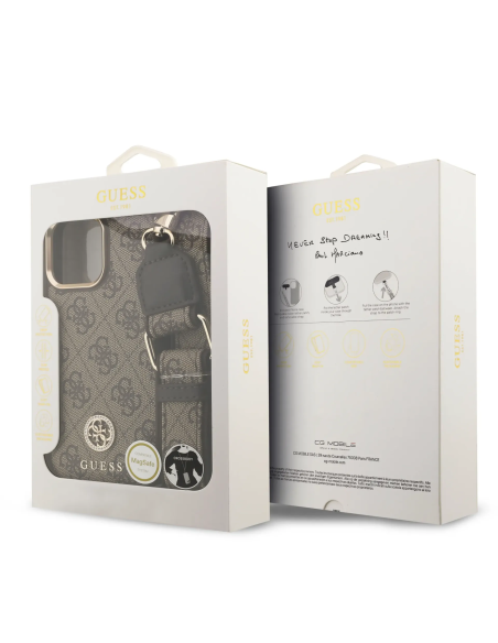 GUESS – Funda iPhone 16 Pro Max con MagSafe, Logo 4G de Strass y Correa Ancha en Color Marrón