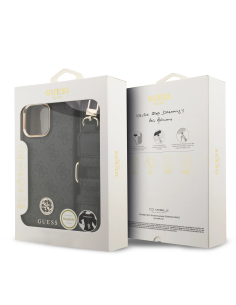 Funda GUESS iPhone 16 Pro Max con Magsafe Logo 4G de Strass y Correa Ancha Negra