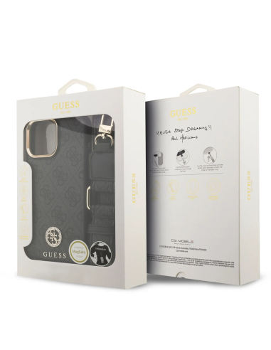 GUESS – Funda iPhone 16 Pro Max con MagSafe, Logo 4G de Strass y Correa Ancha en Color Negro