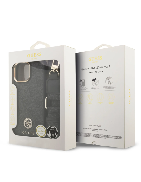 Funda GUESS iPhone 16 Pro Max con Magsafe Logo 4G de Strass y Correa Ancha Negra