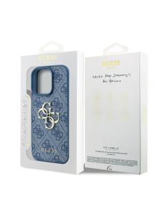 GUESS Case for iPhone 16 Pro Max with Pearl Strap, PU Finish and 4G Logo (Blue)