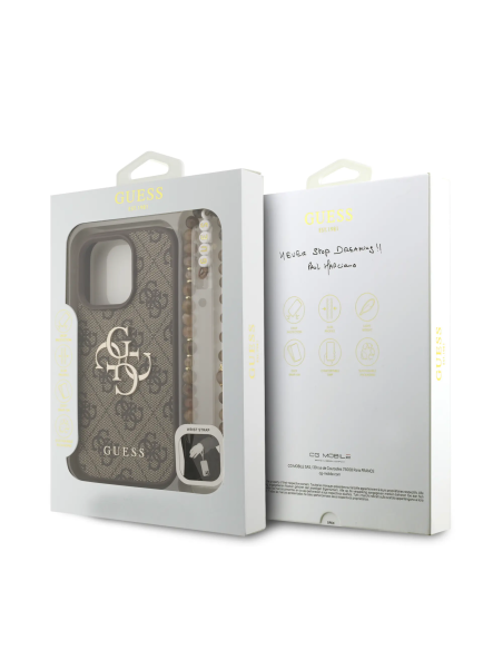GUESS Case for iPhone 16 Pro Max with Pearl Strap, PU Finish and 4G Logo (Brown)