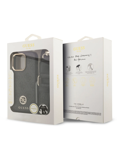 Funda GUESS iPhone 16 Pro con Magsafe Logo 4G de Strass y Correa Ancha Negra