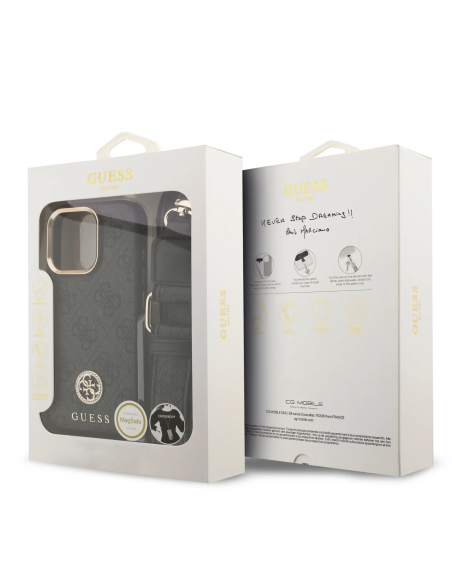 Funda GUESS iPhone 16 Pro con Magsafe Logo 4G de Strass y Correa Ancha Negra