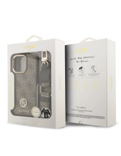 GUESS – Funda iPhone 16 Pro con MagSafe, Logo 4G de Strass y Correa Ancha en Color Marrón