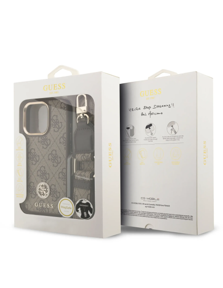 GUESS – Funda iPhone 16 Pro con MagSafe, Logo 4G de Strass y Correa Ancha en Color Marrón
