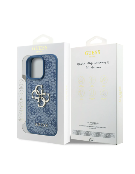 GUESS Case for iPhone 16 Pro with Pearl Strap, PU Finish and 4G Logo (Blue)