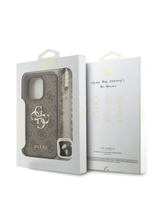 Funda GUESS para iPhone 16 Pro con correa de perlas, efecto piel y logotipo 4G (Marrón)