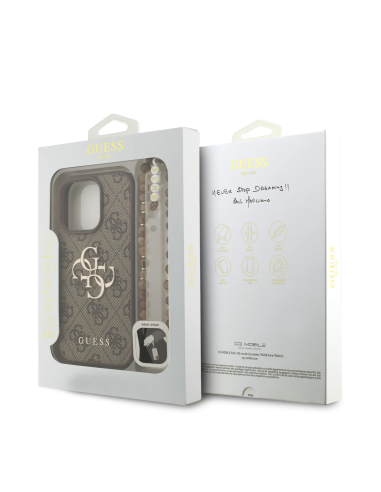Funda GUESS para iPhone 16 Pro con correa de perlas, efecto piel y logotipo 4G (Marrón)