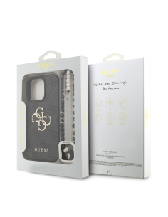Funda GUESS para iPhone 16 Pro con correa de perlas, efecto piel y logotipo 4G (Negro)