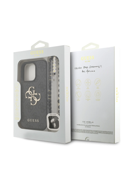 GUESS Case for iPhone 16 Pro with Pearl Strap, PU Finish and 4G Logo (Black)