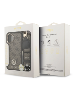 GUESS – Funda iPhone 16 con MagSafe en Color Marrón, Logo 4G de Strass y Correa Ancha