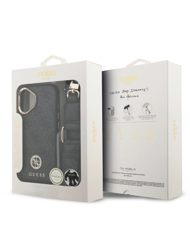 Funda GUESS iPhone 16 con Magsafe Logo 4G de Strass y Correa Ancha Negra