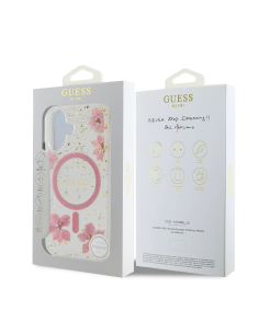 GUESS – Funda iPhone 16 con MagSafe y Diseño de Flores Rosas con Detalles Dorados