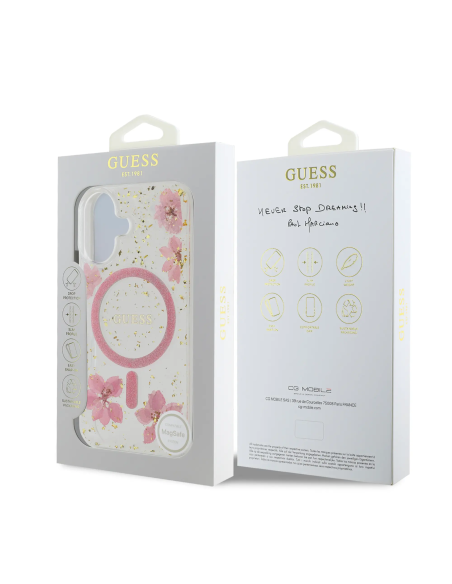 GUESS – Funda iPhone 16 con MagSafe y Diseño de Flores Rosas con Detalles Dorados
