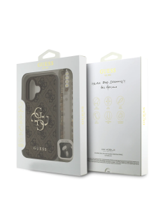 Funda GUESS para iPhone 16 con correa de perlas, efecto piel y logotipo 4G (Marrón)