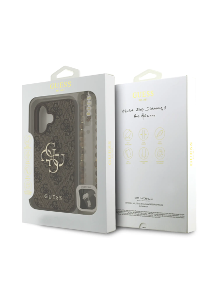 Funda GUESS para iPhone 16 con correa de perlas, efecto piel y logotipo 4G (Marrón)