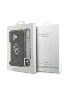 Funda GUESS para iPhone 16 con correa de perlas, efecto piel y logotipo 4G (Negro)