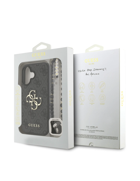 Funda GUESS para iPhone 16 con correa de perlas, efecto piel y logotipo 4G (Negro)
