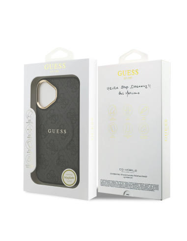 GUESS – Funda iPhone 16 en Polipiel Negra con MagSafe y Logo Clásico