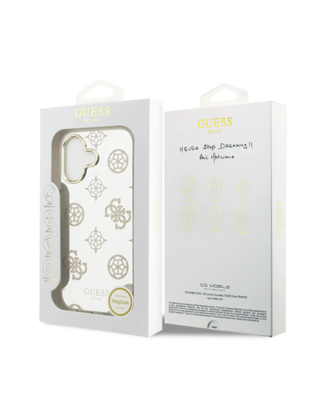 GUESS – Funda iPhone 16 en TPU con MagSafe Acabado Espejo y Diseño de Peonías con Brillos Dorados