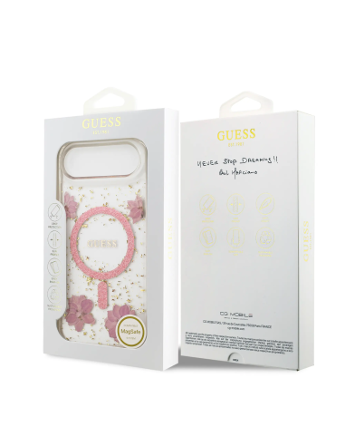 Funda GUESS iPhone 17 Air MagSafe con Flores Rosas y Detalles Dorados