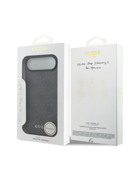 Funda GUESS iPhone 17 Air Negra con Logo 4G y Charm Dorado