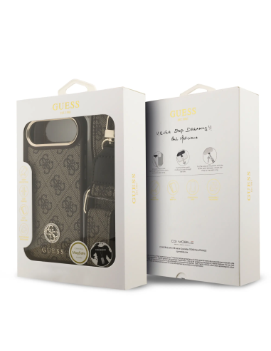 GUESS – Funda iPhone 17 Air en Polipiel Marrón con Logo de Strass y Correa Ancha