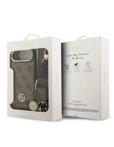 Funda GUESS iPhone 17 Air de Polipiel Marrón con Logo Strass y Correa Ancha