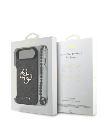 Funda GUESS para iPhone 17 Air con correa de perlas, efecto piel y logotipo 4G (Negro)