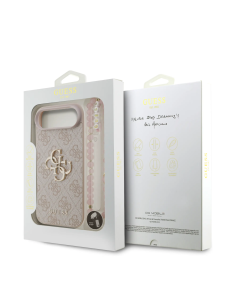 Funda GUESS para iPhone 17 Air con correa de perlas, efecto piel y logotipo 4G (Rosa)