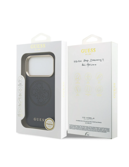 Funda GUESS para iPhone 17 Pro con MagSafe, efecto piel y logotipo dorado perforado (Azul Marino)