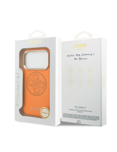 GUESS MagSafe Case for iPhone 17 Pro, faux leather with gold perforated logo (Orange)