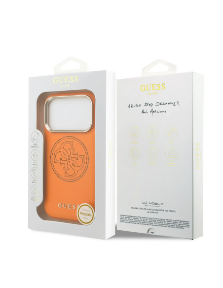 GUESS MagSafe Case for iPhone 17 Pro, faux leather with gold perforated logo (Orange)