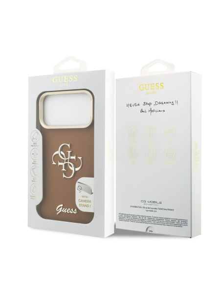 Funda GUESS para iPhone 17 Pro Max efecto granulado con logotipo 4G y soporte integrado (camel)