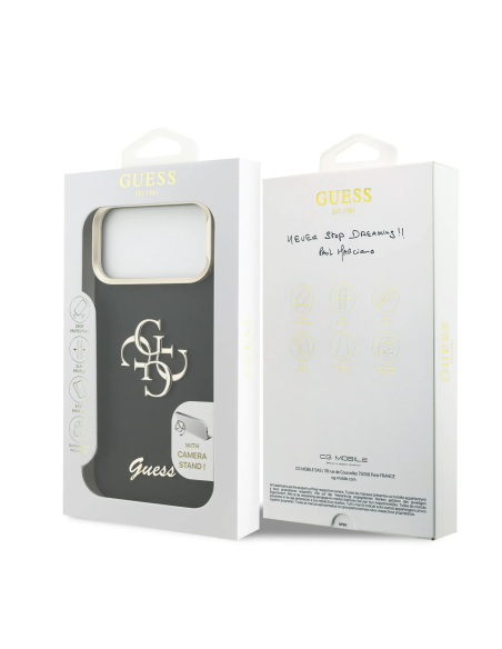 GUESS Case for iPhone 17 Pro Max with Grainy Leather Effect, 4G Logo and Camera Stand (Black)