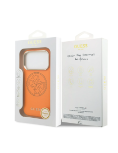 Funda GUESS para iPhone 17 Pro Max con MagSafe, efecto piel y logotipo dorado perforado (Naranja)