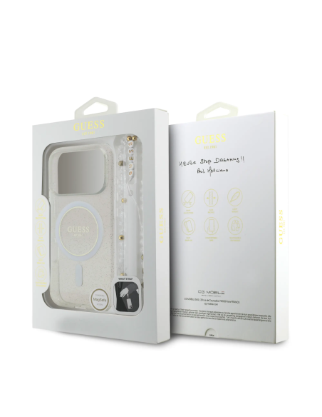 GUESS – Funda iPhone 17 Pro Max Transparente con MagSafe Brillos y Correa de Perlas