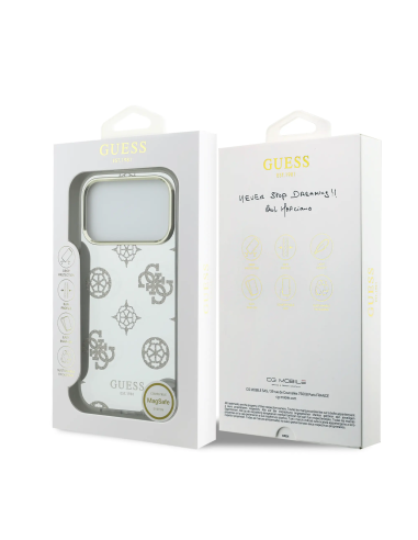 GUESS – Funda iPhone 17 Pro Max con MagSafe Acabado Espejo y Diseño de Peonías con Brillos Dorados