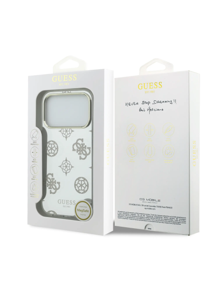 GUESS – Funda iPhone 17 Pro Max con MagSafe Acabado Espejo y Diseño de Peonías con Brillos Dorados
