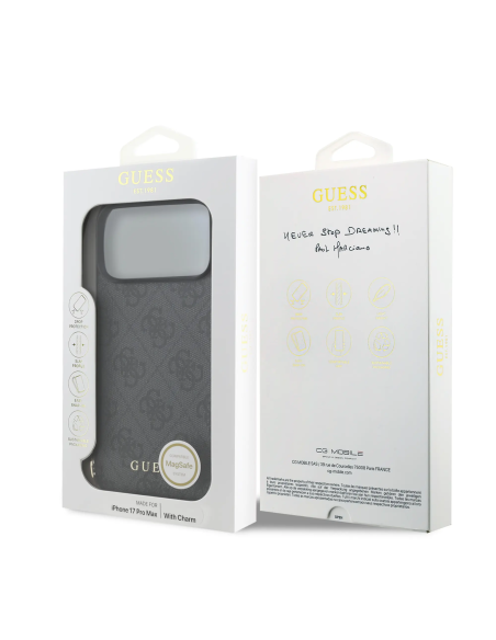 GUESS – Funda iPhone 17 Pro Max en Color Negro con Logo 4G y Charm Dorado