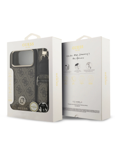 Funda GUESS iPhone 17 Pro Max de Polipiel Marrón con Logo Strass y Correa Ancha