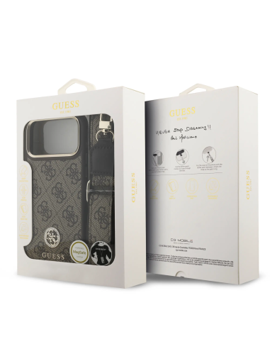 GUESS – Funda iPhone 17 Pro Max en Polipiel Marrón con Logo de Strass y Correa Ancha