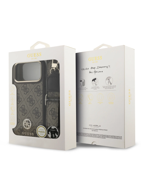 GUESS – Funda iPhone 17 Pro Max en Polipiel Marrón con Logo de Strass y Correa Ancha
